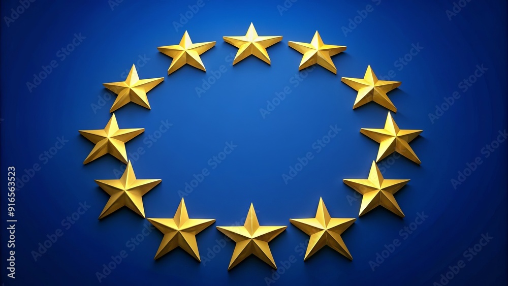 Circular arrangement of twelve golden stars on a vibrant blue background, symbolizing unity and solidarity in European politics. Circular arrangement of twelve golden stars on a vibrant blue background, symbolizing unity and solidarity in European politics.