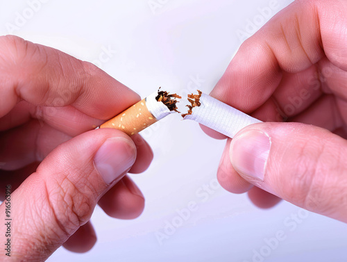 A close-up of a broken cigarette held between two fingers, representing the act of quitting smoking.