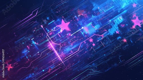 Glowing neon stars on a dark background with a circuit board pattern. Abstract futuristic technology concept with digital and electronic elements. Red, blue and purple lights shine