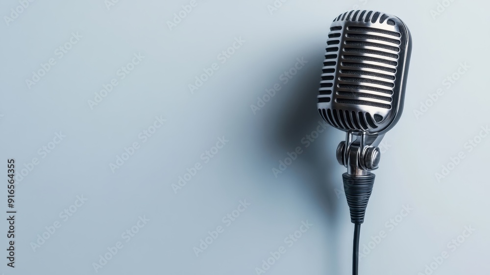 Fototapeta premium Single black microphone hanging against white sound-absorbing wall.