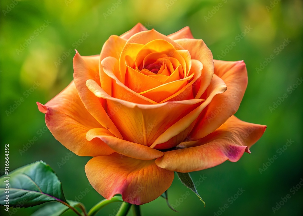 Vibrant orange rose with delicate petals and subtle texture against a soft, lush green background, perfectly framed for a romantic close-up.