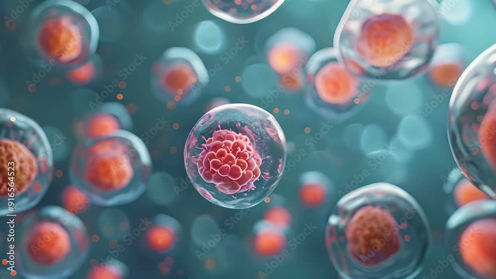 Microscopic view of human cells in division process. Concept of biology, life science, and medical research background.