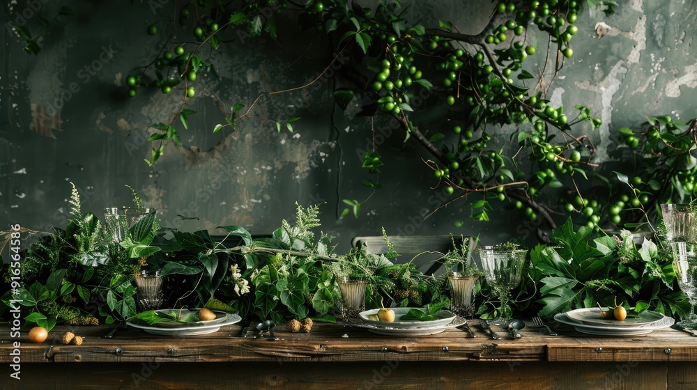 Wooden table adorned with greenery Wooden table adorned with greenery