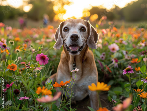 A happy beagle dog sits in a field of blooming flowers during a vibrant sunset.