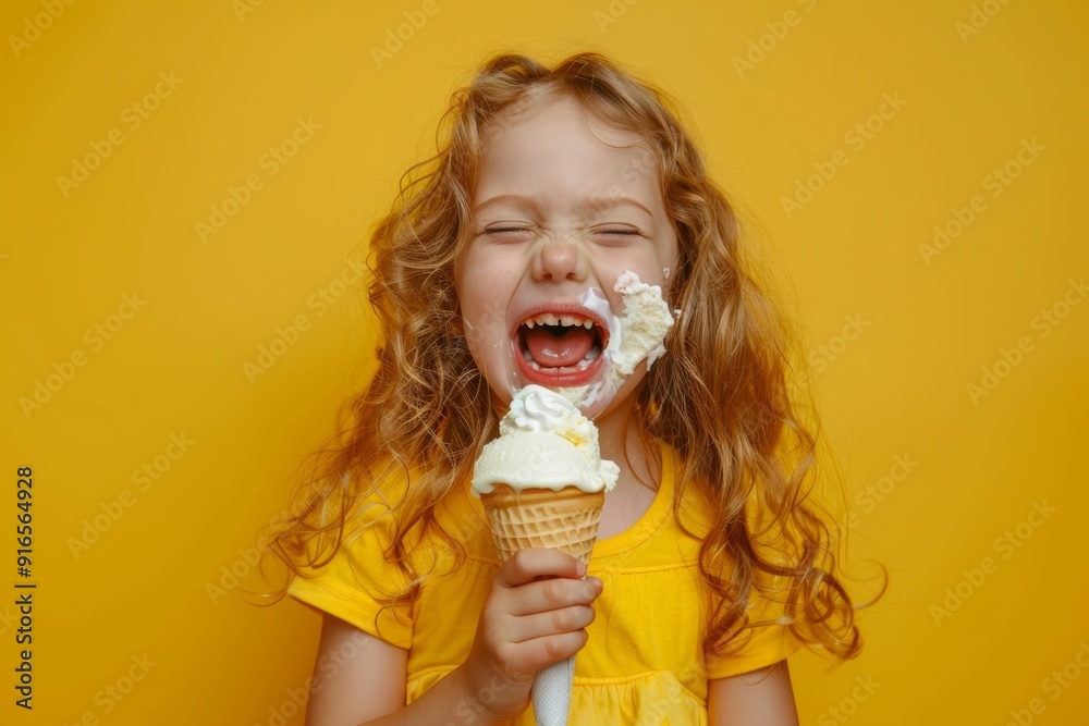 Innocent young girl blonde hair full of happiness and sunshine. Ice cream brings laughter to this child's day. Essence of childhood joy and innocent happiness. Innocent young girl blonde hair full of happiness and sunshine. Ice cream brings laughter to this child's day. Essence of childhood joy and innocent happiness.
