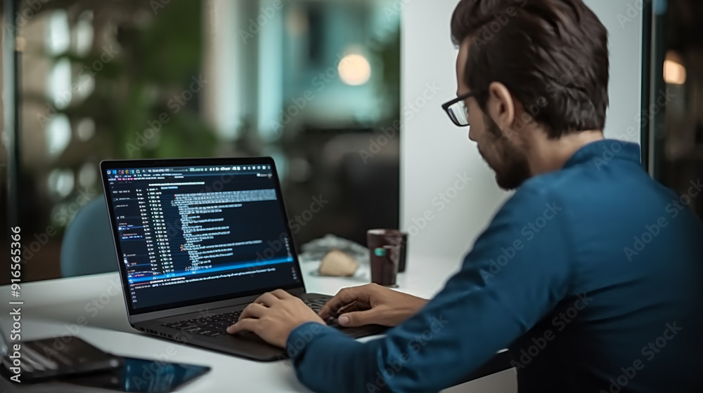A photo of an Indian software developer writing code on his laptop in the office. A photo of an Indian software developer writing code on his laptop in the office.