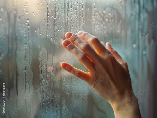 A hand reaches through a window pane covered in raindrops.