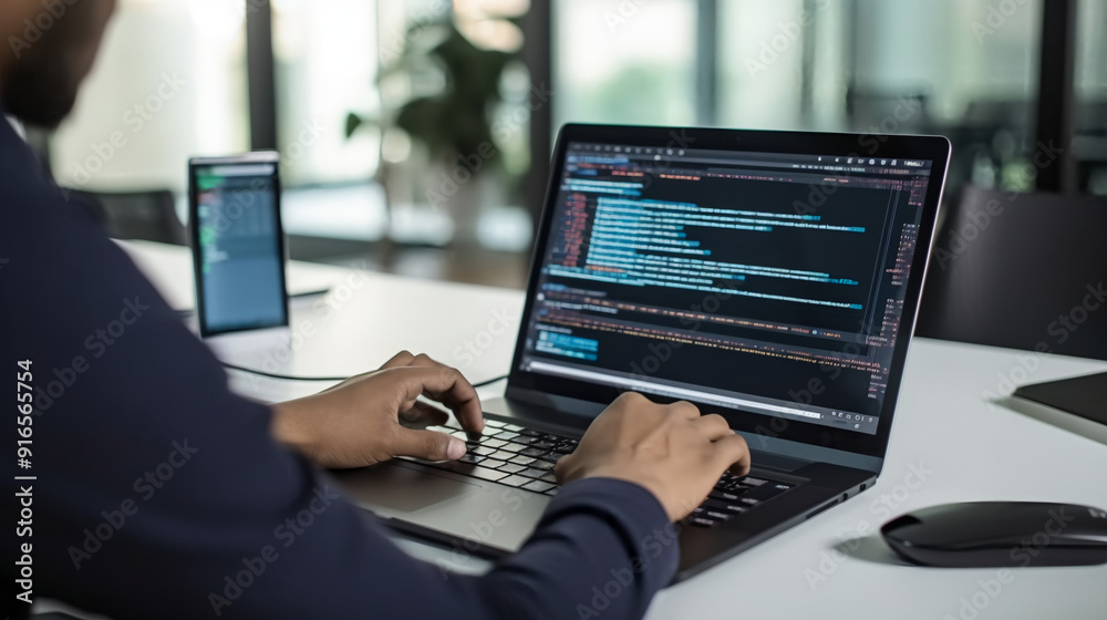 A photo of an Indian software developer writing code on his laptop in the office. A photo of an Indian software developer writing code on his laptop in the office.