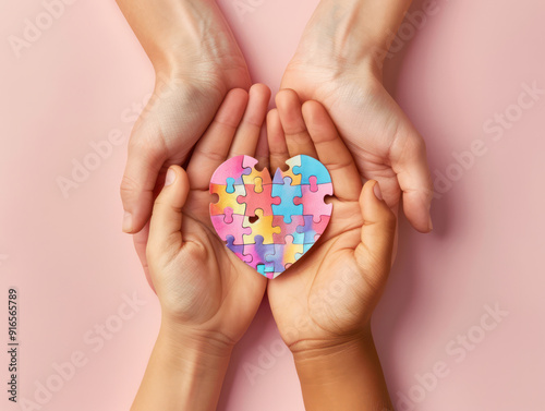 Two hands of different skin tones holding a heart-shaped puzzle, symbolizing unity and acceptance.