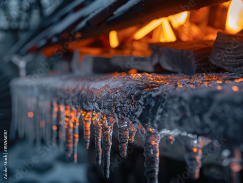 A close-up image of icicles hanging above glowing embers, showcasing a dramatic contrast between cold and warmth.
