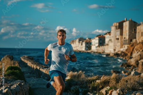 Determined runner creating dynamic routine water's edge. Man focused fitness exploring urban scenery shore. Chasing dreams calming embrace of sea breeze.