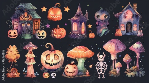 Watercolor Set of Halloween Elements, Bright Hand-Drawn