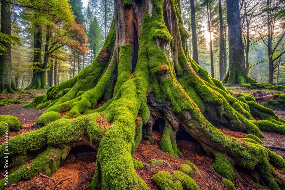 Rough, gnarled, and weathered tree trunk features numerous bulbous, moss-covered protrusions, adding texture and character to the forest landscape.