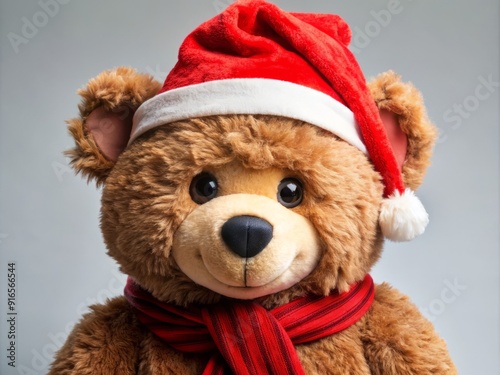 Fuzzy brown bear costume with red hat and scarf, perfect for festive celebrations, joyful entertainment, and playful holiday gatherings.