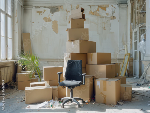 An abandoned office space cluttered with stacked cardboard boxes and a single office chair in the center.
