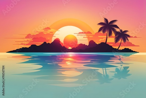 Ocean landscape with coconut trees in silhouette against sunset nature background
