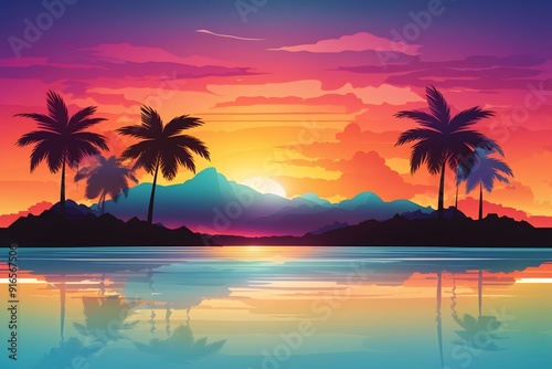 Ocean landscape with coconut trees in silhouette against sunset nature background 
