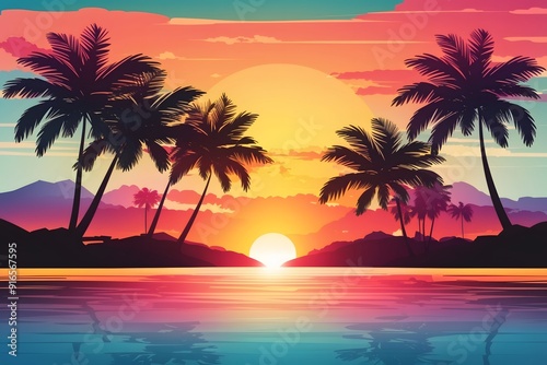 Ocean landscape with coconut trees in silhouette against sunset nature background 