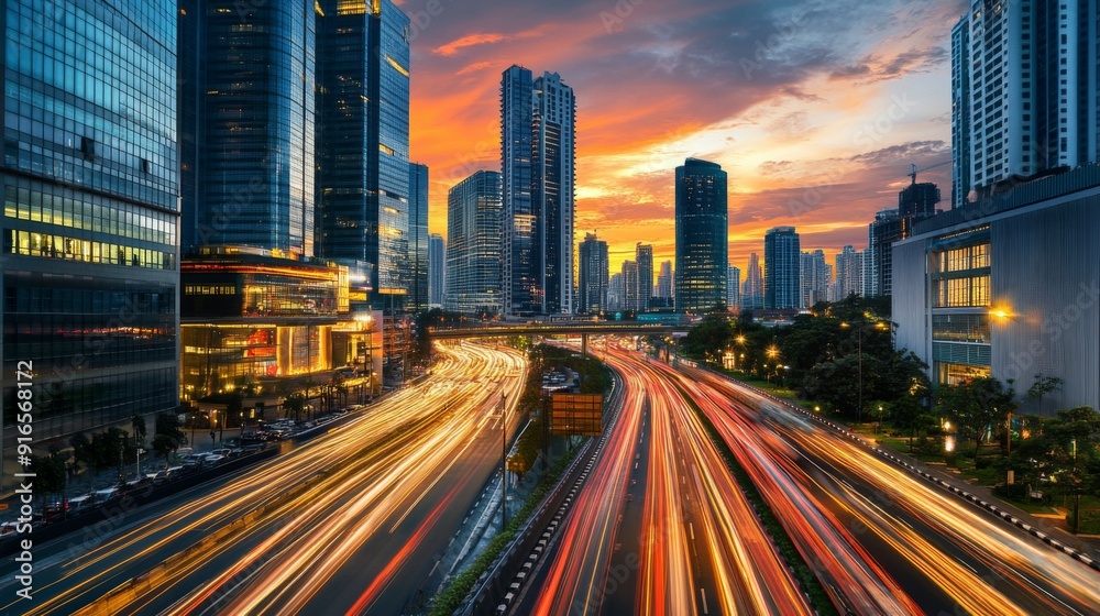 Fototapeta premium A high-quality photo of a modern cityscape with tall buildings and a stunning sunset sky, capturing the transition from day to night.