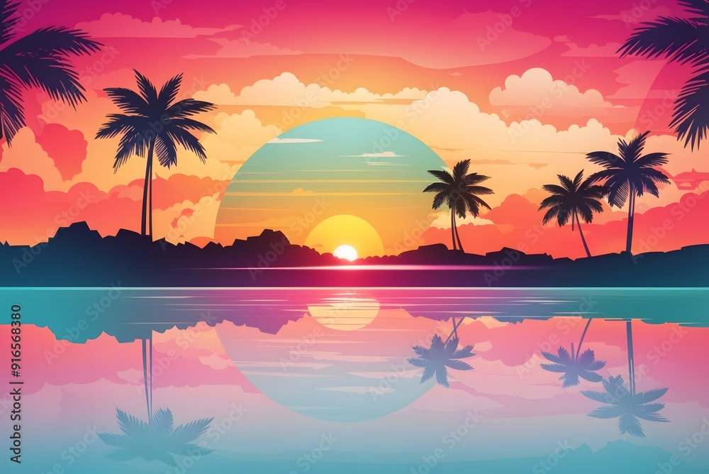 Obraz premium Ocean landscape with coconut trees in silhouette against sunset nature background 