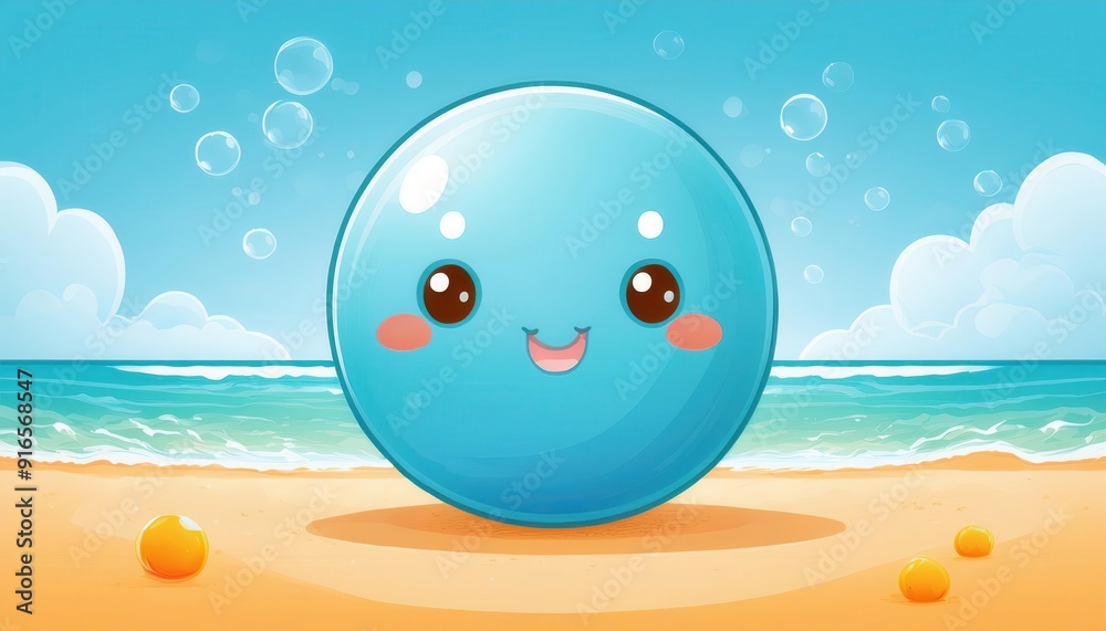 Naklejka premium A cheerful blue bubble character smiling on a sunny beach, surrounded by soft sand and gentle ocean waves.