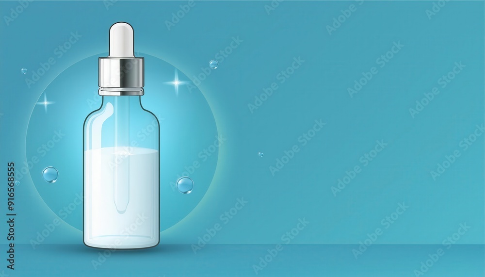A clear glass dropper bottle with white liquid, set against a soft blue background, ideal for cosmetic and wellness themes. A clear glass dropper bottle with white liquid, set against a soft blue background, ideal for cosmetic and wellness themes.