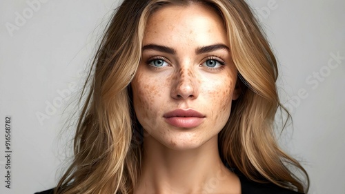 Close-up face of attractive young beautiful woman with dark spot on her face skin, hyperpigmentation melasma caused by hormonal changes or freckles spots caused by genetics or exposure to the sun