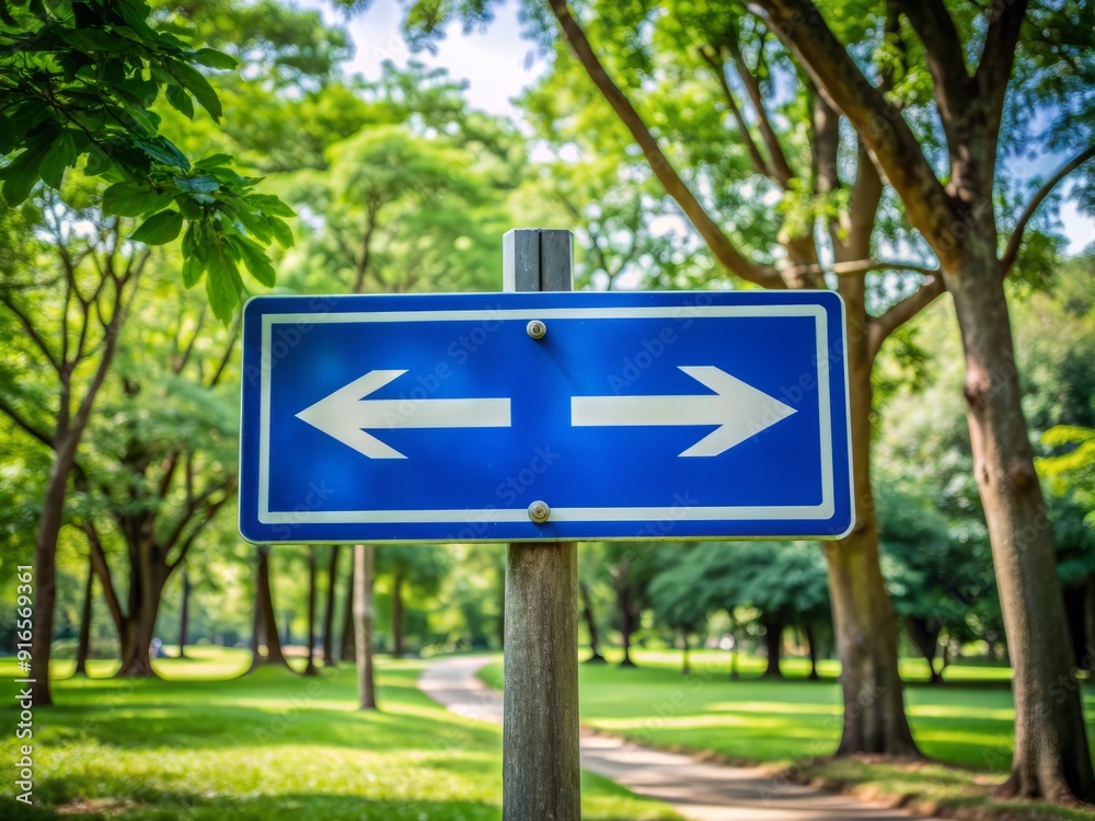 Directional sign with two blue arrows pointing left set against a scenic backdrop of lush green trees in a park. Directional sign with two blue arrows pointing left set against a scenic backdrop of lush green trees in a park.