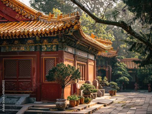 A traditional Chinese temple building with an intricately decorated roof and a serene courtyard featuring potted plants and a stone pathway.