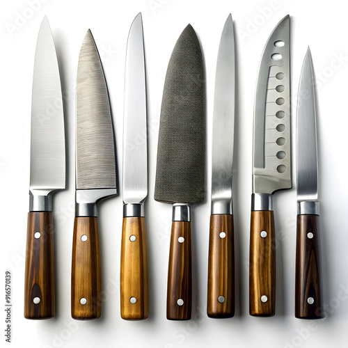 chef s knives and paring knives isolated on white background, set of kitchen knives photo