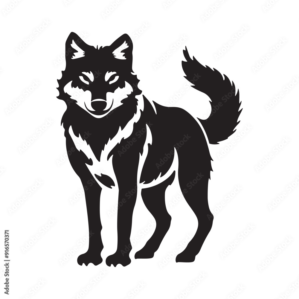 Obraz premium Majestic Full-Body Wolf Vector Illustration - Elegant Black and White Design.