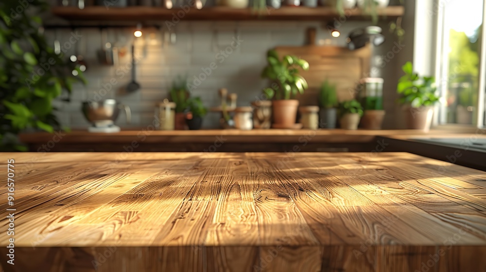 Rustic Wooden Kitchen Countertop with Greenery Rustic Wooden Kitchen Countertop with Greenery
