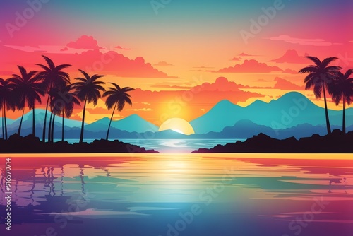 Ocean landscape with coconut trees in silhouette against sunset nature background
