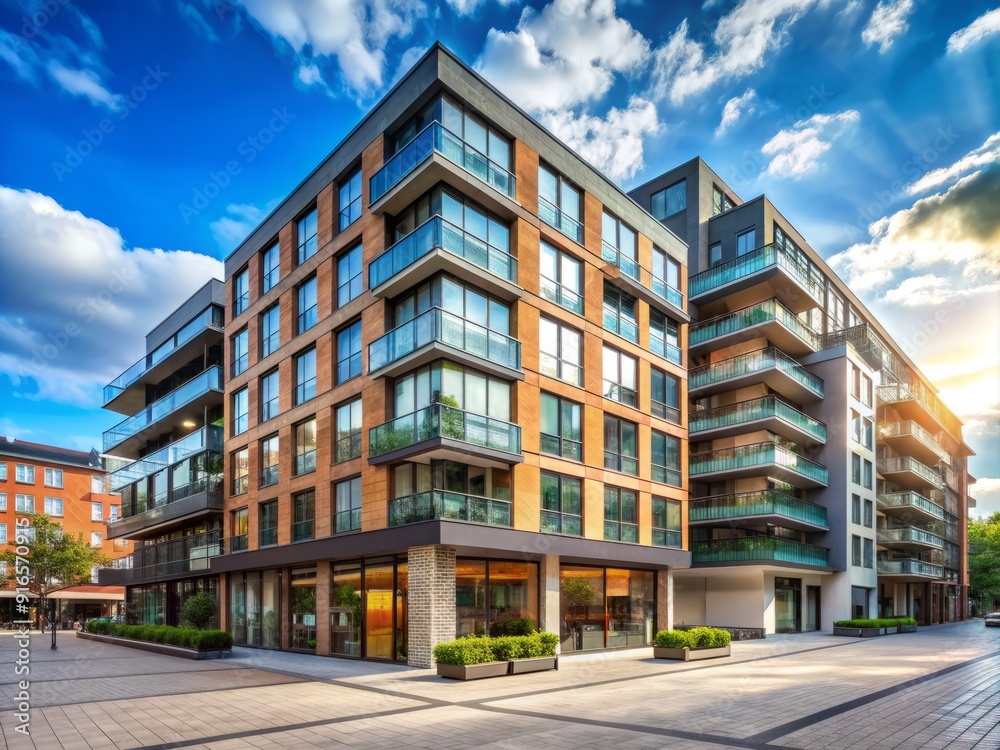 Modern urban architecture with vacant commercial spaces on ground floor of apartment blocks in a bustling city center area. Modern urban architecture with vacant commercial spaces on ground floor of apartment blocks in a bustling city center area.