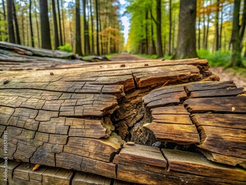 Weathered brown wood plank background with cracked surface, broken structure, vintage design, and rotten tree texture, resembling a wet forest trunk. photo