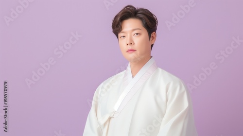 a man wearing a traditional Korean hanbok, set against a soft lavender background.  photo