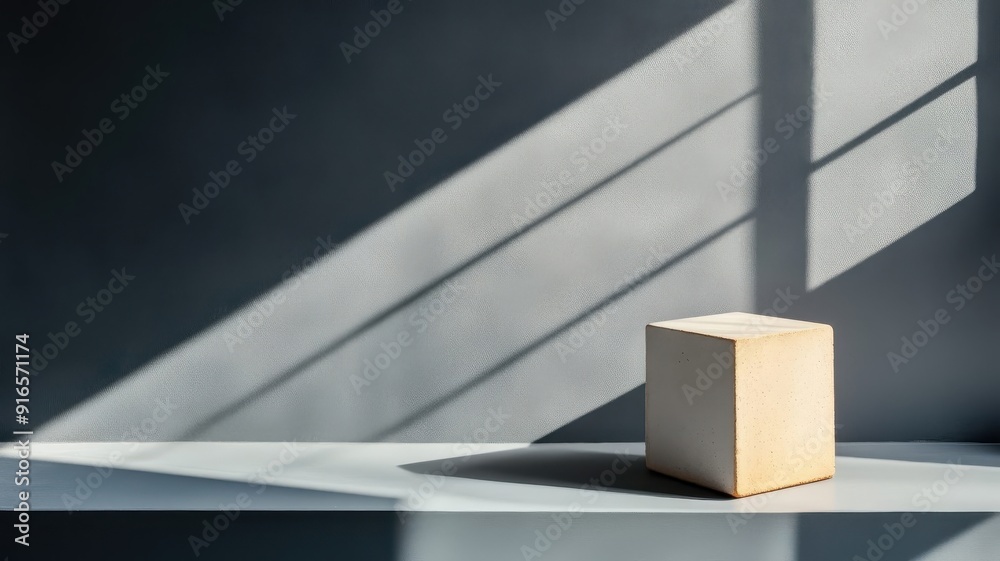 Black cube casting long shadow on white surface, chiaroscuro lighting. Black cube casting long shadow on white surface, chiaroscuro lighting.