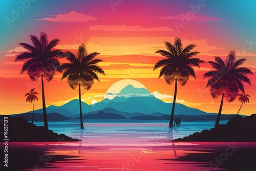 Ocean landscape with coconut trees in silhouette against sunset nature background
