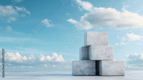 Stack of concrete blocks rising towards the sky, symbolizing growth and stability. photo