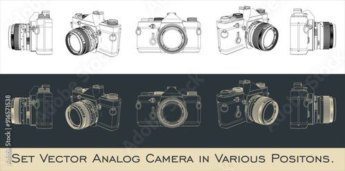 set vector Vintage Photo Camera Outline Illustrations isolated in transparent background