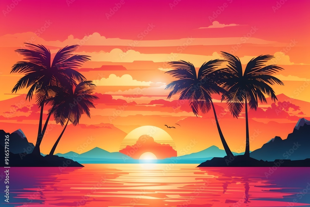 Ocean landscape with coconut trees in silhouette against sunset nature background
Ocean landscape with coconut trees in silhouette against sunset nature background