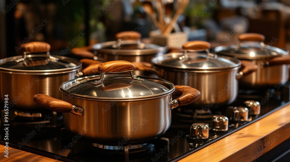 A high-resolution photo of a set of cooking pots with wooden handles, arranged neatly on a stove top. A high-resolution photo of a set of cooking pots with wooden handles, arranged neatly on a stove top.