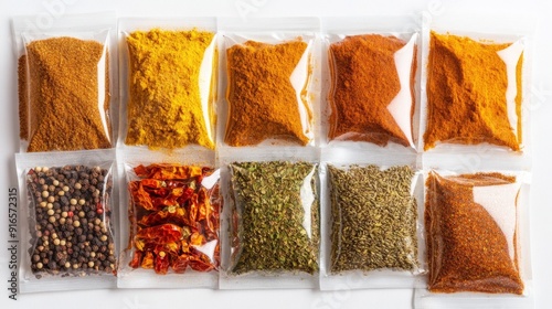 Fototapeta Naklejka Na Ścianę i Meble -  A high-resolution photo of spice sachets and packets, including curry and chili powder, spread out on a white background.