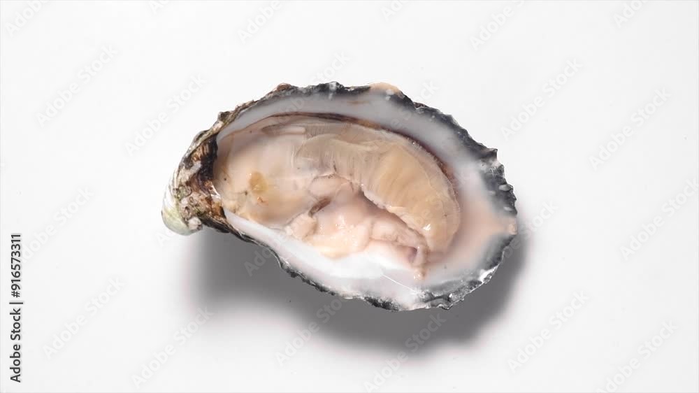 One oyster isolated on white background, macro shot of open fresh french Fine de Claire oyster, rotation. Gourmet food. Top view. Seafood. Macro shot, slow motion. One oyster isolated on white background, macro shot of open fresh french Fine de Claire oyster, rotation. Gourmet food. Top view. Seafood. Macro shot, slow motion.