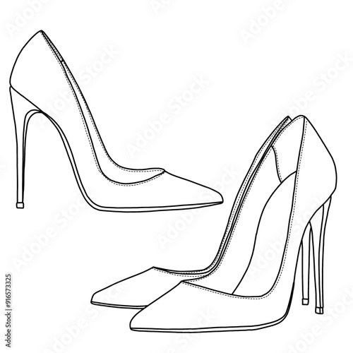 Women's Pointed Toe High Heels Wedding Dress Shoes,Cute Evening Stilettos Line Art, Technical sketch hand drawing outline vector doodle illustration, side view isolated on white background