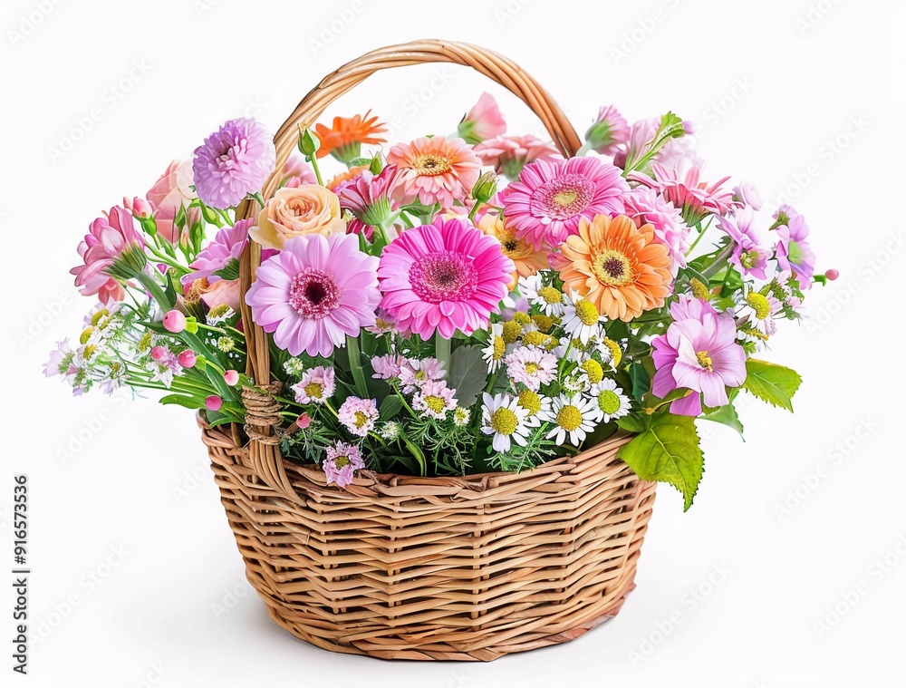 A basket of flowers on a white background, isolated with a clipping path. A floral bouquet in a paper box for gifts and wedding day decoration. A basket of flowers on a white background, isolated with a clipping path. A floral bouquet in a paper box for gifts and wedding day decoration.