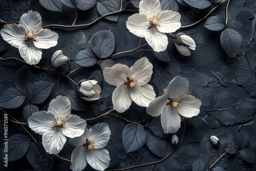 An elegant 3D floral wallpaper with a bunch of leaves and flowers against a black background, offering generous copy space for text photo