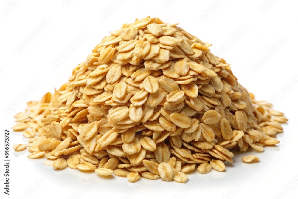Golden oat flakes piled high in a neat heap, isolated on a pure white background, with sharp focus and texture. Golden oat flakes piled high in a neat heap, isolated on a pure white background, with sharp focus and texture.
