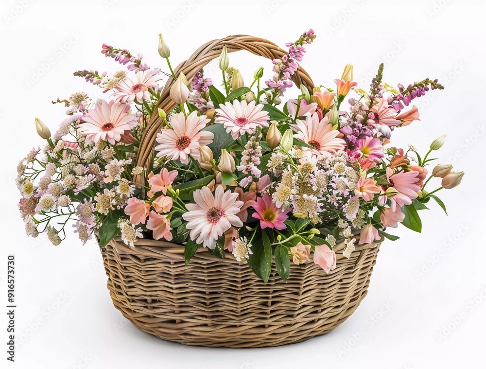A basket of flowers on a white background, isolated with a clipping path. A floral bouquet in a paper box for gifts and wedding day decoration. A basket of flowers on a white background, isolated with a clipping path. A floral bouquet in a paper box for gifts and wedding day decoration.