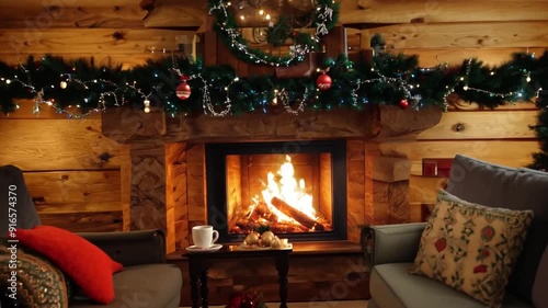 Fireplace with Christmas decorations in a cozy warm forest wooden log house cabin,